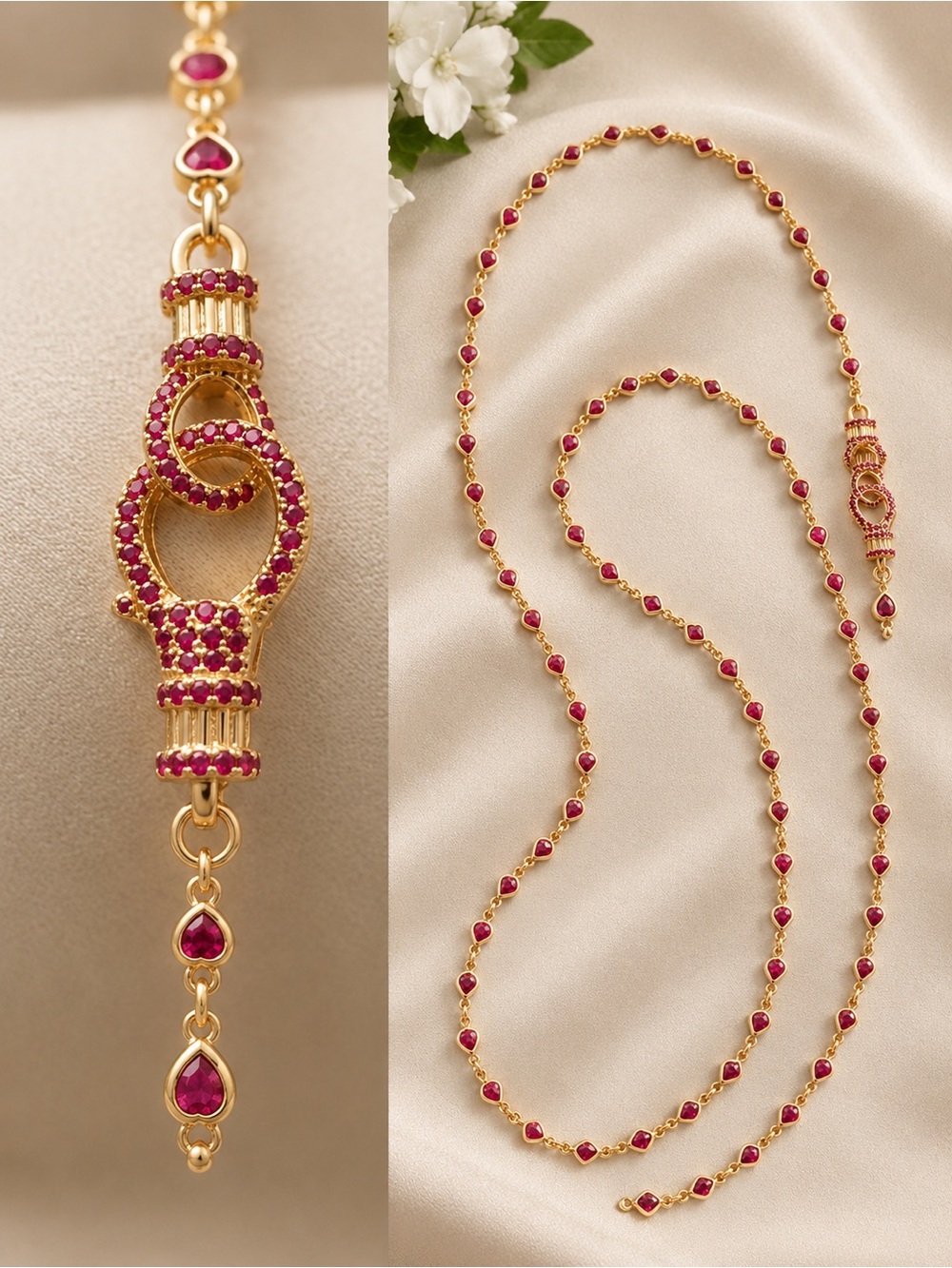 New Adina Eden 40” Gold Necklace with Ruby-Pink Heart Bezel Stones